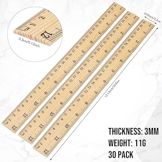 Zonon 30 Pcs 12 Inch Plastic Ruler Assorted Colors Ruler Bulk with Centimeters Millimeter and Inches Rulers First Day of School Gift for Kids School Classroom Office Supplies(Simple Color,Wood)
