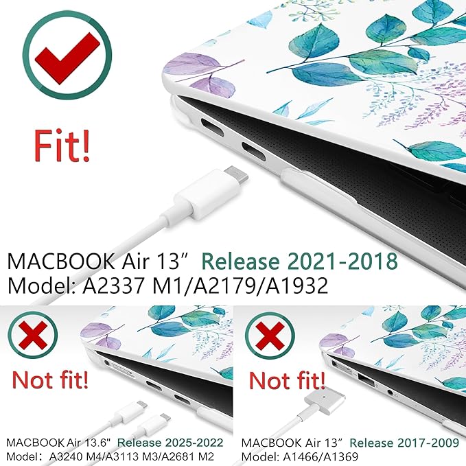 DONGKE Compatible with MacBook Air 13 inch Case 2021 2020 2019 2018 Release A2337 M1 A2179 A1932 with Retina Display & Touch ID, Plastic Hard Shell & Keyboard Cover - Lilac Leaves