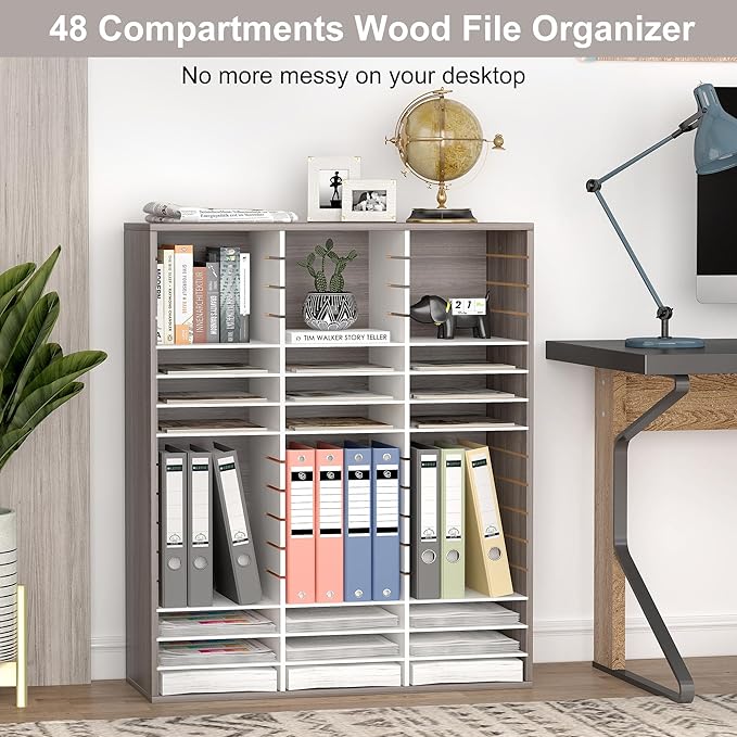 EasyPAG Mail Organizer Countertop, Wood Literature Organizer with Adjustable Shelves, Student Classroom Mailbox for School, Desktop Paper Sorter for Office Home, 48 Compartments, Retro Gray/White
