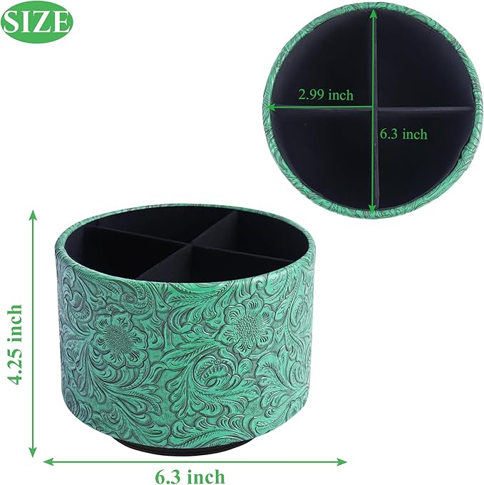 lizimandu Round Leather Art Supply Organizer,Remote Control Holder,360 Degree Spinning,Multi-Functional Pencil Holder,4 Compartments Desktop Stationary Organizer(1-Carved Green)