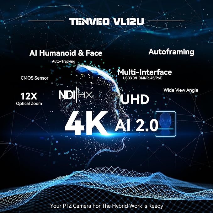 Tenveo NDI PTZ Camera 4K AI Auto-Tracking 12X Optical Zoom USB3.0 LAN PoE HDMI Wide Angle Lens IP Live Streaming Camera for Church Worship Video Conference Broadcast Events YouTube OBS vMix