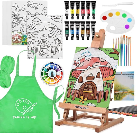 Falling in Art 52Pcs Acrylic Paint Set with Table Easel, Art Painting Kit with Acrylic Paints, Canvas Panels, Paintbrushes, Canvas Supplies Kit for Kids, Adults, Beginners, and Artists, Green