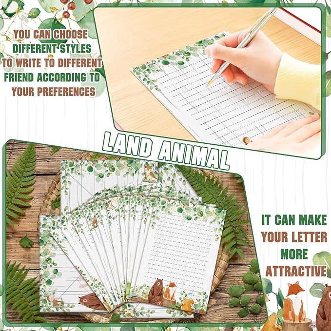 TaoBary 160 Pcs Stationery Paper Set 50 Double Sided Stationery Papers with 50 Matching Envelopes and 60 Round Dot Sticker, 10 Design(Land Animal,5.5 x 8.25 Inch)