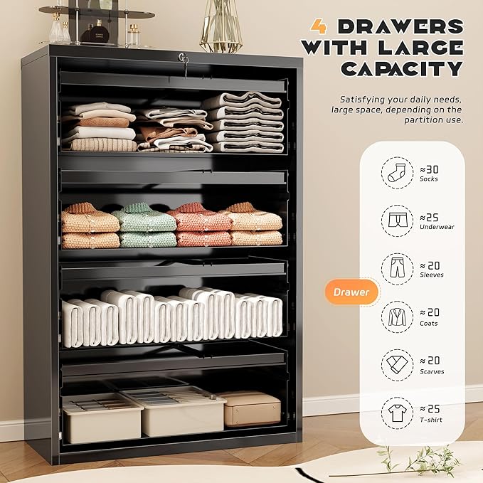 Superday Lateral File Cabinet 4 Drawer Metal File Cabinet with Lock, Black Filing Cabinets for Home Office, Locking Filing Cabinets Hanging Files Letter/Legal/F4/A4