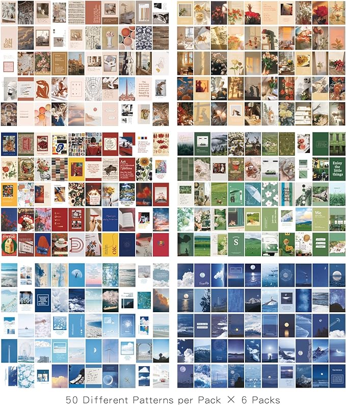 6 Sets 300 Pcs Washi Stickers Set Vintage Aesthetic Sticker Book for Journaling, DIY Decorative Paper Sticker Decals for Bullet Journal Art Scrapbooking Diary Card Craft Gift Album Notebook Stationery