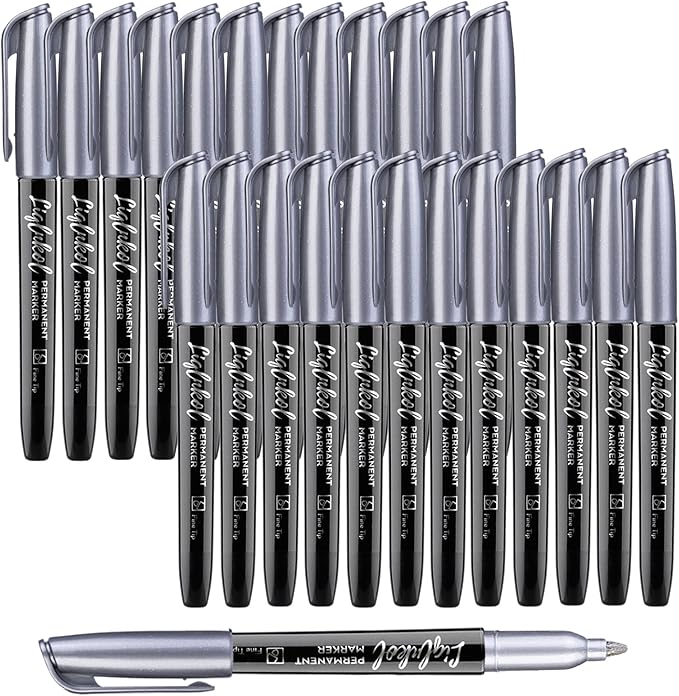 Silver Metallic Permanent Markers, 24 Pack Silver Metallic Marker Pens for Artist Illustration, Industrial Marking, DIY Crafts, Gift Card Making