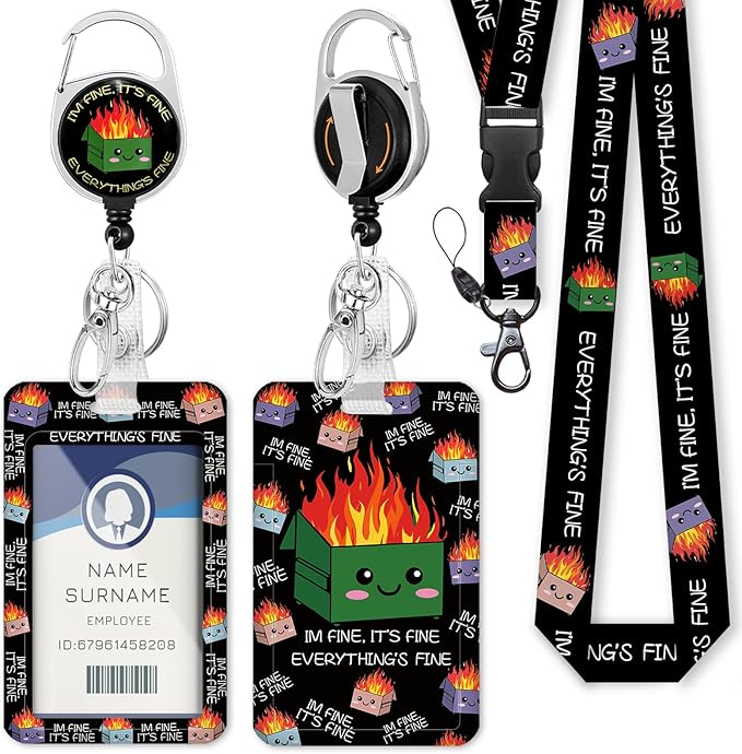 Dumpster on Fire Badge Reels Retractable Heavy Duty, Funny ID Badge Holder with Detachable Lanyard, 360° Swivel Carabiner Belt Clip, I'm Fine It`s Fine Everything is Fine