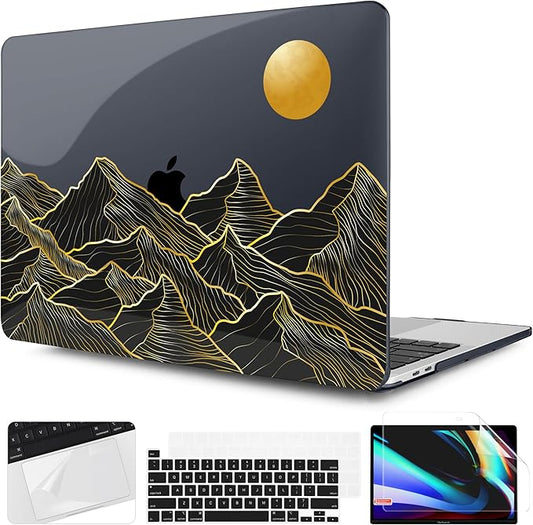 TWOLSKOO Compatible with MacBook Pro 13 inch Case 2023-2016 A2338 M2/M1 A2251 A2289 A2159 A1989 A1706, Plastic Hard Shell Cover & Keyboard Skin & Screen Protector - Golden Mountain