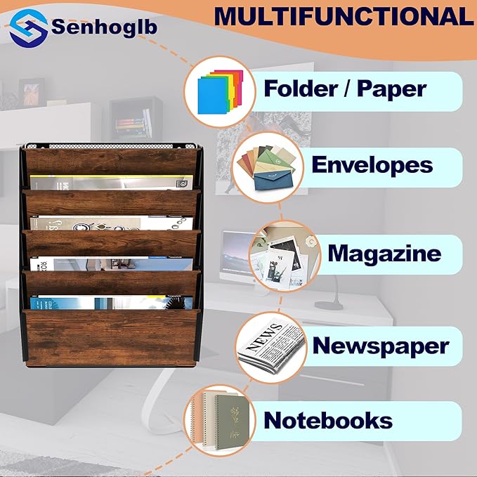 Metal Wall File Holder Organizer, 5-Tier Mesh Hanging Wall File Organizer, Magazine Rack With Pockets, Wood Document Holder for Office Home, Brown
