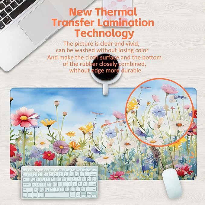 Large Gaming Mouse Pad, Colorful Wildflowers in Field Desk Mat, Watercolor Flowers Desk Pad, 31.5"x15.7" Extended Big Computer Keyboard Mouse Pad with Non-Slip Base and Stitched Edge