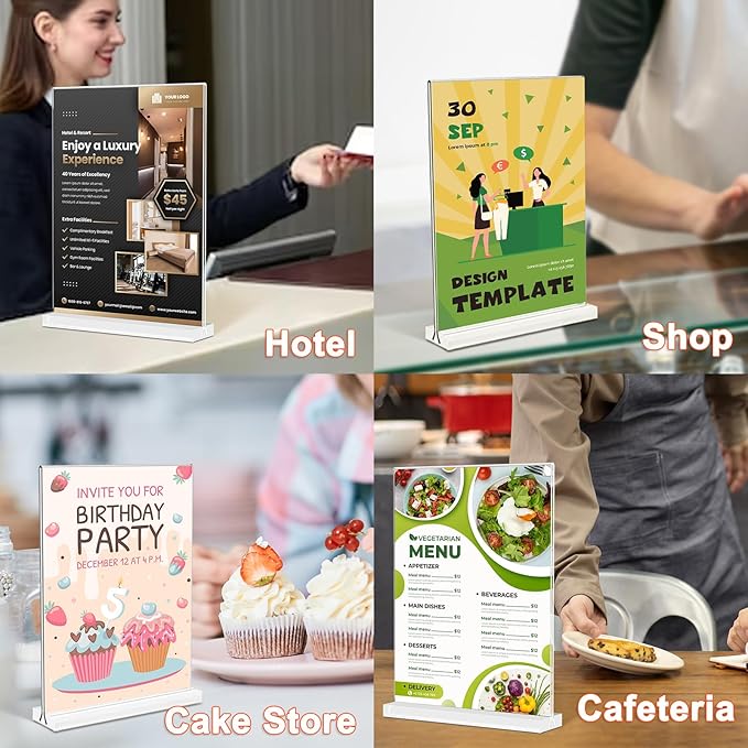 Acrylic Sign Holder 4x6 Inches 24 Pack T Shape Desktop Display Stand Vertical Double Sided Clear Table Menu Flyer Holder for Restaurants, Office, Shop, Wedding