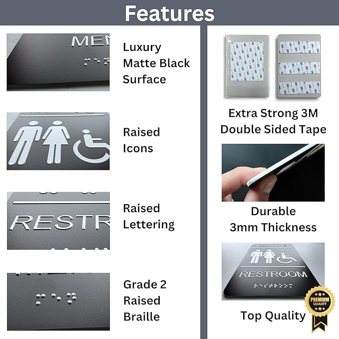 Unisex Restroom signs for business with No Smoking Sign, Brushed Acrylic Bathroom Signs, ADA Compliant with Grade 2 Braille, Raised Icons, Double Sided 3M Tape for Office Toilet Door & Wall 6x9" (1 Pack Restroom Sign)