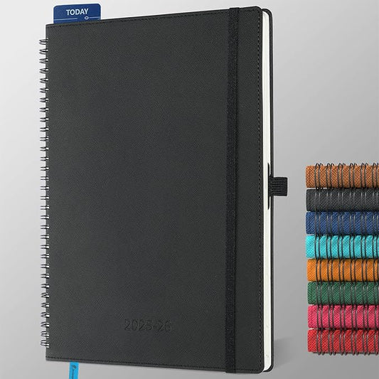 Planner 2025-2026 Daily Weekly and Monthly,11.5"x8.5",18 Months Spiral Bound Calendar Agenda with Self-adhesive Pen Holder,2026 Academic Plan with Vegan Leather Soft Cover,Black