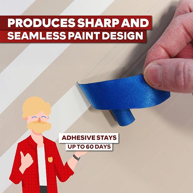 XFasten Professional Blue Painters Tape, Sharp Edge Line Technology, 1.5 Inches x 60Yards (3-Pack) - Produces Sharp Lines and Residue-Free Artisan Grade Clean Release Wall Trim Tape