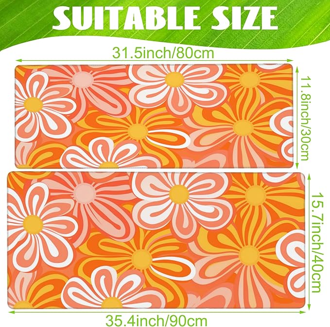 Desk Pad - Hippie Vintage Orange Flowers Desk Mat, Retro Floral Large Gaming Mouse Pad with Non-Slip Base and Stitched Edge, 31.5"x11.8"