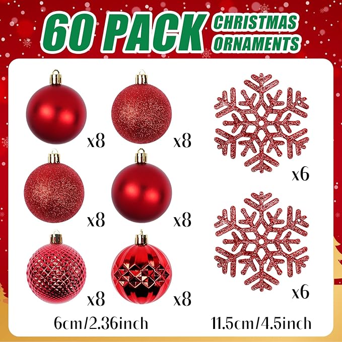 Christmas Tree Decorations Ornament Set, 60ct 2.36 Inches Red Shatterproof Christmas Ball Ornaments, Hanging Ball for Xmas Holiday Wedding Party Decor