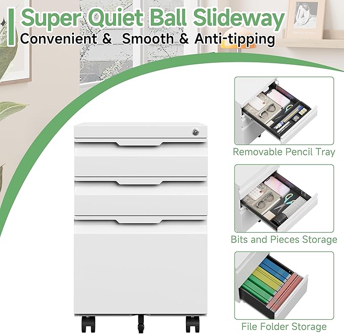 3 Drawer Mobile File Cabinet with Lock,Under Desk Metal Filing Cabinets with Wheels for Home Office Organizer Letters/Legal/A4(Easy Assemble-White)