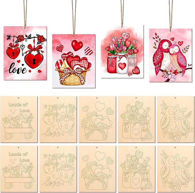 COCHIE 10 Pieces Large Valentines Day Unfinished Wood Crafts to Paint for Kids Adults, Bulk Predrilled Wooden Ornaments for Painting, Heart Pattern Paintable Wood Slices Craft Supplies with Ropes