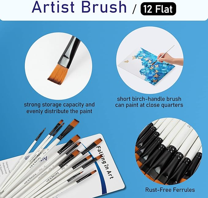 Falling in Art Paint Brushes Set, 12 PCS Nylon Professional Flat Paint Brushes for Watercolor, Oil Painting, Acrylic, Face Body Nail Art, Crafts, Rock Painting