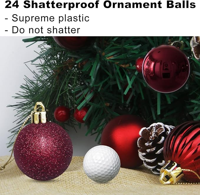 Maroon 2.5" Christmas Balls Christmas Tree Decoration Ornaments Shatterproof Hanging Balls for Birthday Halloween Holiday Wedding Decorations Set of 24pcs