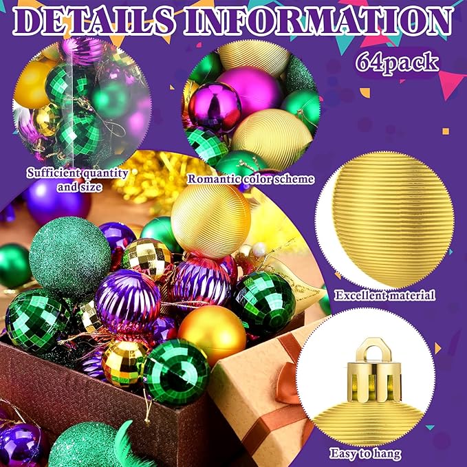 64 Pcs Mardi Gras Christmas Ornaments Glitter Purple Yellow Green Ball Ornament 1.6/1.97/2.4 Inch Assorted Size Plastic Carnival Bulbs Mardi Gras Decoration for Tree Home Indoor Party