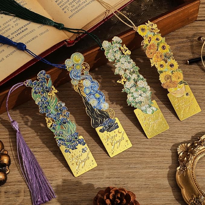 4 Pieces Metal Bookmarks with Tassel, Golden Hollow Bookmark Monet Oil Painting Theme Book Mark Bookmarks for Book Lovers Writers Readers Children Teens for Women Adults Teen