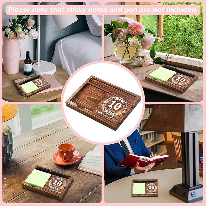 10th Work Anniversary Sticky Note Holder Wooden Notepad & Pen Holder 6.5" x 4.7" Sticky Note Pad Holder Dispenser for Desk Difference Maker Work Appreciation Gifts, NPA228