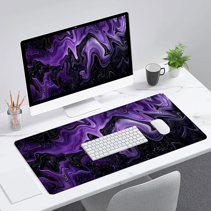 Dark Purple Ripples Desk Pad Mouse Pad Black Purple Lines Large Gaming Mouse Mat with Stitched Edges,Non-Slip Waterproof Rubber Base Mous Mat Office Computer Keyboard Laptop Home 31.5"x11.8"