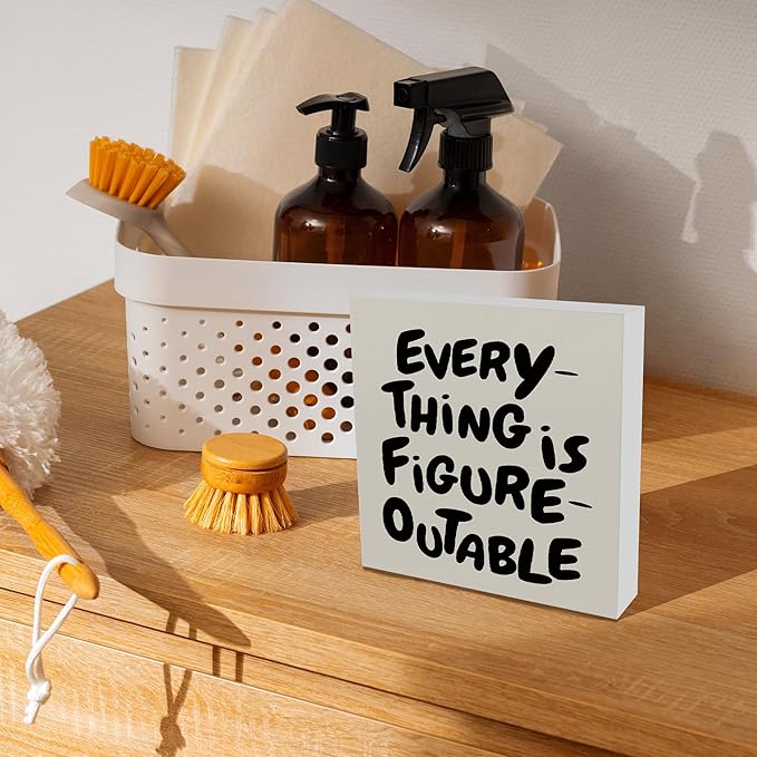 Inspirational Office Decor, Every Thing is Figure Outable Motivational Office Accessories Wooden Box Sign, Motivational Gifts for Women, Men Wall Desk Shelf Tabletop Decoration 5x5In