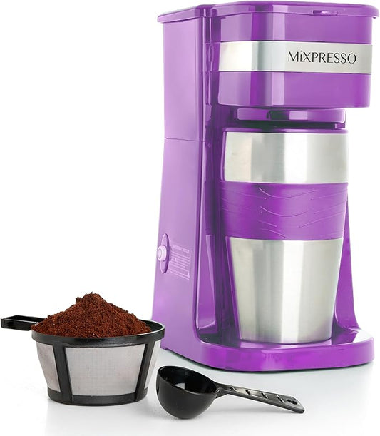 Mixpresso Purple Personal Single Serve Coffee Maker with 14oz Travel Mug, Drip Small Coffee Maker with Auto Shut Off, Reusable Filter, Works with Ground Coffee Only – Not for K-Cup Pods