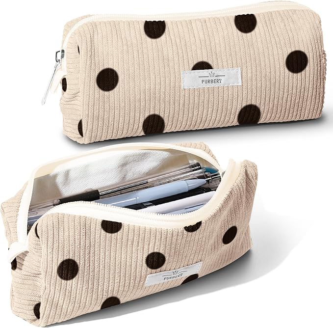 Pencil Bag Pen Case, Soft Corduroy Small Pencil Pouch Organizer with Zipper, Cute Pencil Case Pouch Stationery for Girls and Boys – Dot Beige