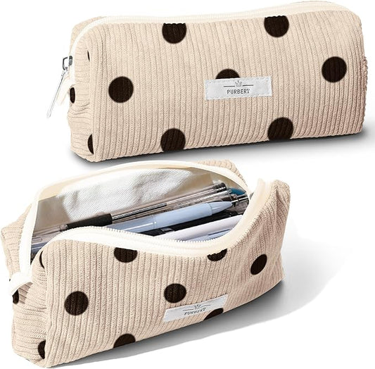 Pencil Bag Pen Case, Soft Corduroy Small Pencil Pouch Organizer with Zipper, Cute Pencil Case Pouch Stationery for Girls and Boys – Dot Beige