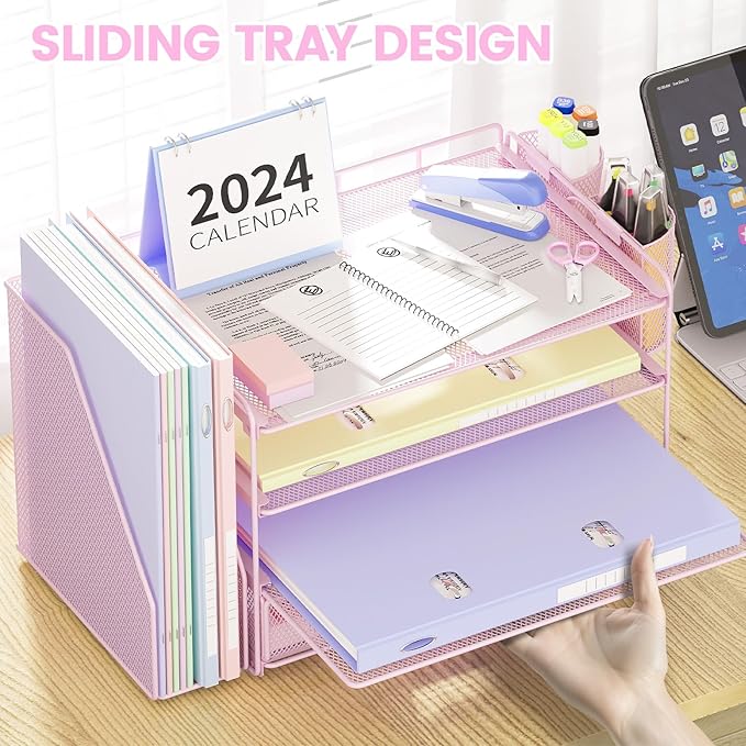 Desk Organizer and Accessories, 4-Tier Desktop File Organizer with Drawer and 2 Pen Holders, Office Desk Accessories for Office Supplies(Pink)