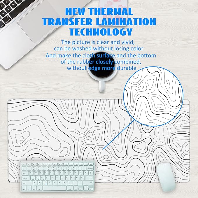 Desk Mat, White Topographic Contour Map Extended Gaming Mouse Pad Large, 35.4"x15.7" Big Mouse Pad with Non-Slip Base and Stitched Edge, Long Computer Keyboard Mouse Mat for Home Office Work