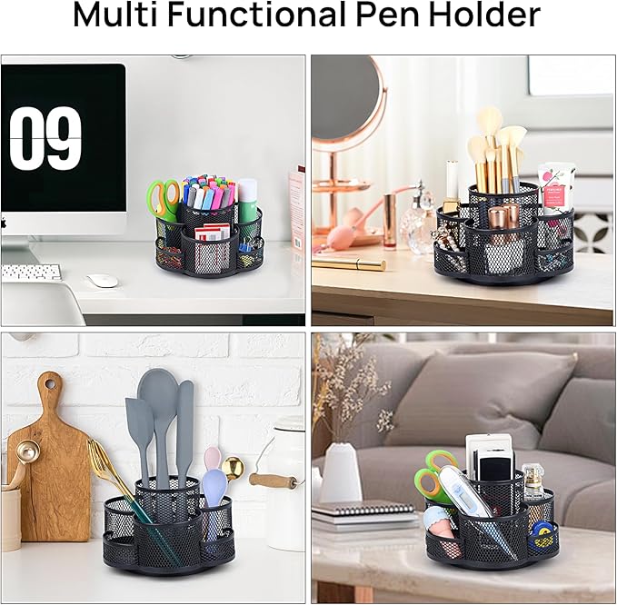 Pen Holder for Desk, 360 Rotating Pencil Holder, Cup Holder for Desk Office, Desk Organizers and Accessories in Black