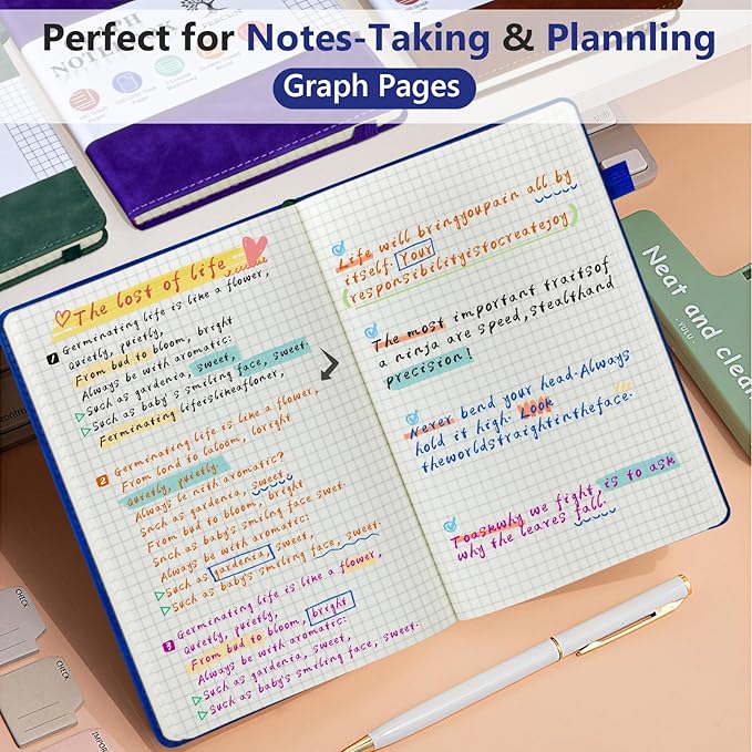 PERCUN Graph Paper Notebook, 160 Pages Grid Journal for women & men, A5 Hardcover Leather Graphing Notebook for School, Work, Travel, Note Taking 5.9”x8.5” (Navy)