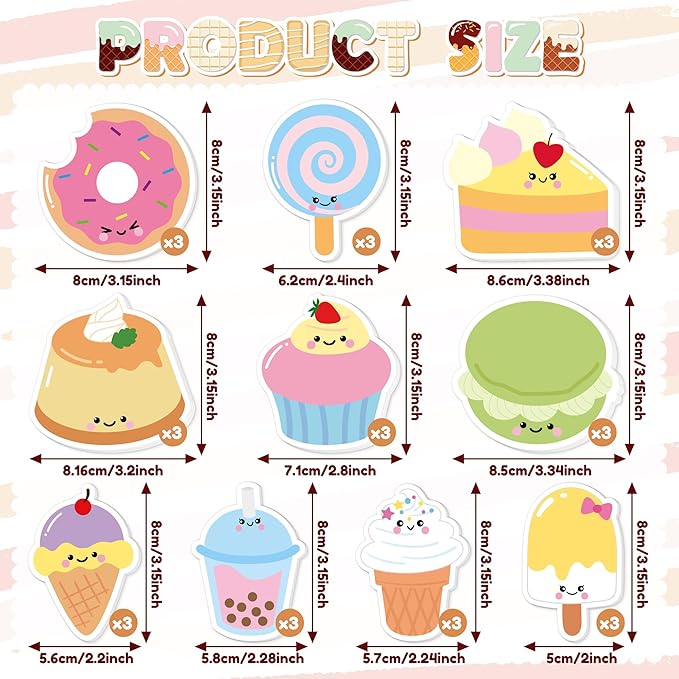 Xqumoi 30 Pack Sweet Treat Sticky Notes - Dessert Self Sticky Notepads Ice Cream Cupcake Cute Writing Memo Pads for Office School Class Student Kids Gift Birthday Party Favors Goodies Bag Fillers