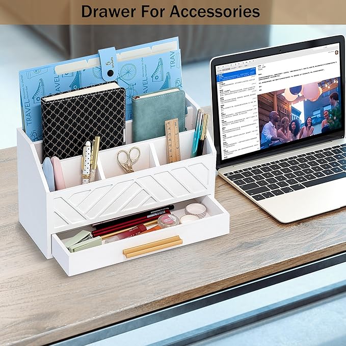 white Wood Desk Organizer and Accessories with Drawer, Bill Mail Organizer and File Mail Holder for Office Supplies, Modern Desk Accessories & Workspace Organizers for Desk Organization