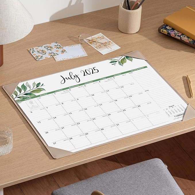 Large Desk Calendar 2025-2026 with Desktop Mat, Cabbrix Desk Pad Calendar 22 x 17 Inch Runs From July 2025 to December 2026 for Home Office and School, Leaf