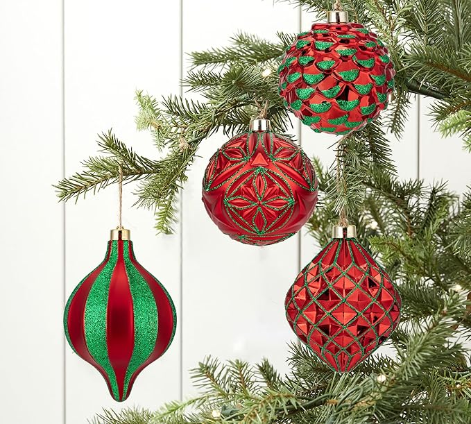 Hollyone 4.7 Inch Large Red and Green Christmas Ornaments 4Pcs Balls Ornaments Shatterproof Christmas Hanging Ornaments for Xmas Tree Decor Wedding Holiday Party Wreath Home Decor (Red & Green, 120mm)