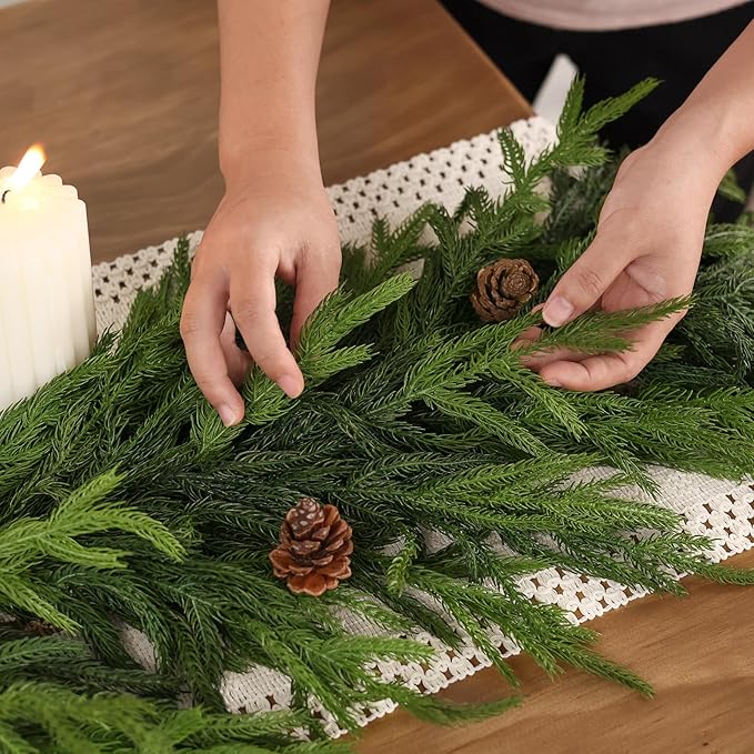 16FT Real Touch Norfolk Pine Garland - Artificial Christmas Garland Fake Green Faux Pine Needles Garland for Table Fireplace Mantle Holiday Home Indoor Outdoor Decor (1PCS)