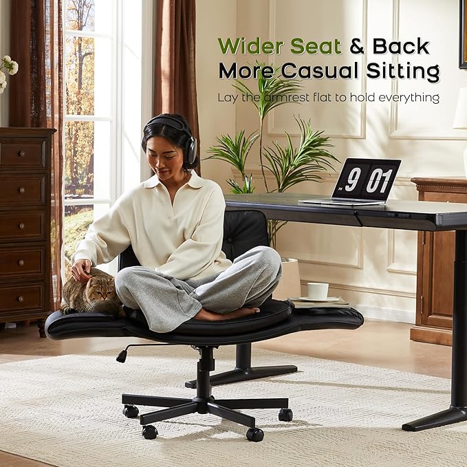 Criss Cross Chair with Armrests & Wheels, PU Leather Vanity Chair, Comfortable Adjustable Swivel Computer Office Desk Chairs for Home, Make Up, Bed Room (Black)