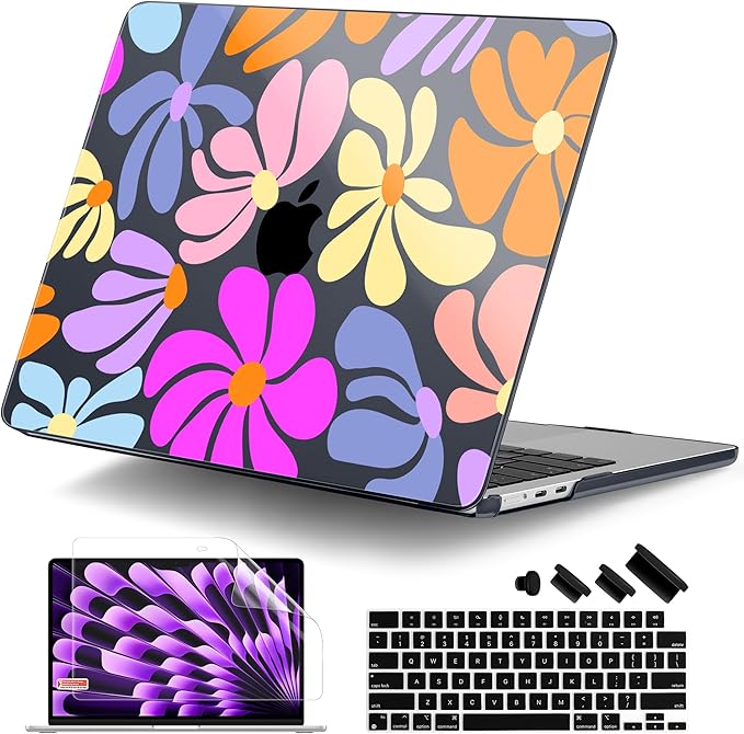 DONGKE Compatible with M4 MacBook Air 15 inch Case 2025-2023 A3241 A3114 A2941 M3 M2 Retina Display Touch ID, Plastic Hard Case & Keyboard Skin for MacBook Air 15" - Black Retro Florals