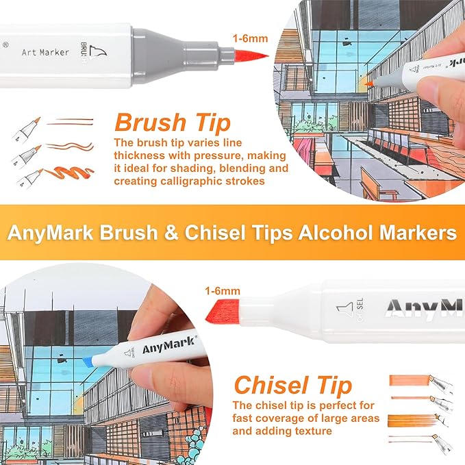 AnyMark Alcohol Markers Brush Tip, 100+1 Colors Dual Tip Brush & Chisel Alcohol-Based Art Markers Set with Case for Adult Artists Drawing Coloring