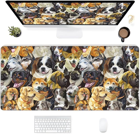Desk Mat,Cute Dogs Heads Extended Gaming Mouse Pad for Office Work & Game,Computer Keyboard Mouse Mat Desk Non-Slip Rubber Base Large Mousepad with Stitched Edges, 31.5x15.7inch