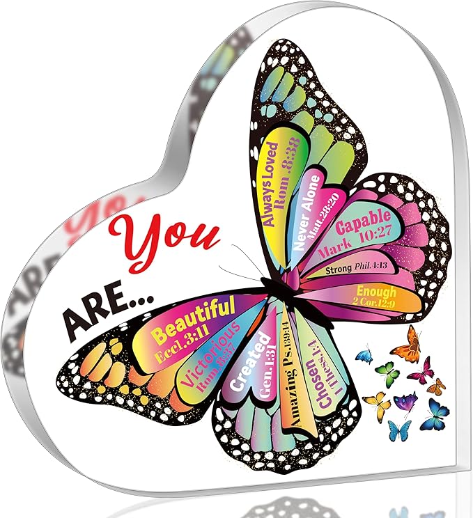 Yopyame Christian Heart Acrylic Gifts - Religious Inspirational Acrylic Sign with Bible Verses Butterfly Prayer Scripture Keepsake Paperweight for Women Men Birthday Christmas Home Office Table Shelf