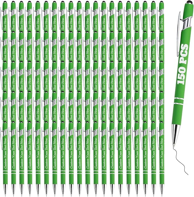 Personalized Pens Bulk 150 with Name Custom Engraving Ballpoint Pens with Stylus Tip Customized Smooth Writing Pens Personalized Gifts for Anniversary Birthday or Graduation(Light Green,Black Ink)