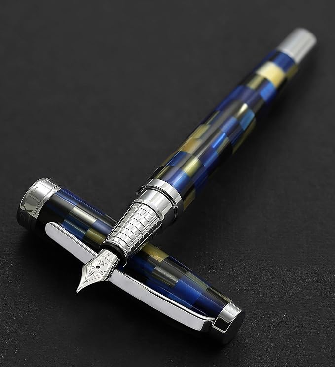 Xezo Urbanite Fountain Pen, Medium Nib. Retro Blue, Black, and Cream Colors with Chrome Plating. Limited Edition and Serialized. No Two Alike