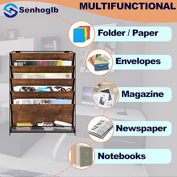 Metal Wall File Holder Organizer, 6-Tier Mesh Hanging Wall File Organizer, Magazine Rack with Trays, Wood Document Holder for Office Home, Brown