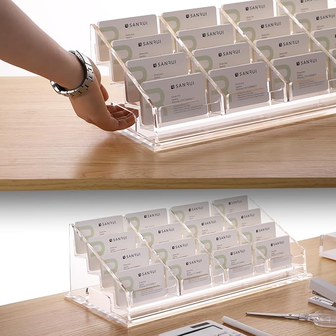 YUXUN 16 Slots Acrylic Business Card Holder for Desk Horizontal 4 Tiers Business Card Stand Clear Multiple Cards Display Stand for Office Supplies Home School